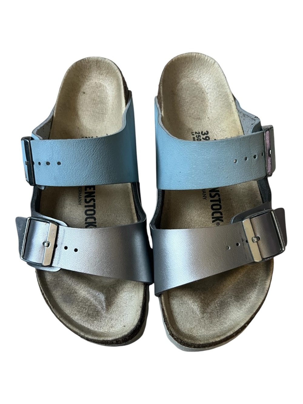 Birkenstock Arizona Double Buckle Sandals -  Split Light Blue and Silver Size 39